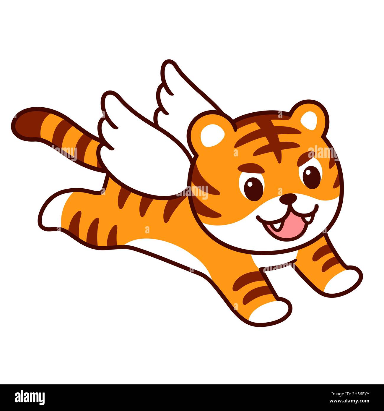如虎添翼 Chinese expression: A tiger with wings. Cute cartoon winged tiger jumping. Vector clip art illustration. Stock Vector