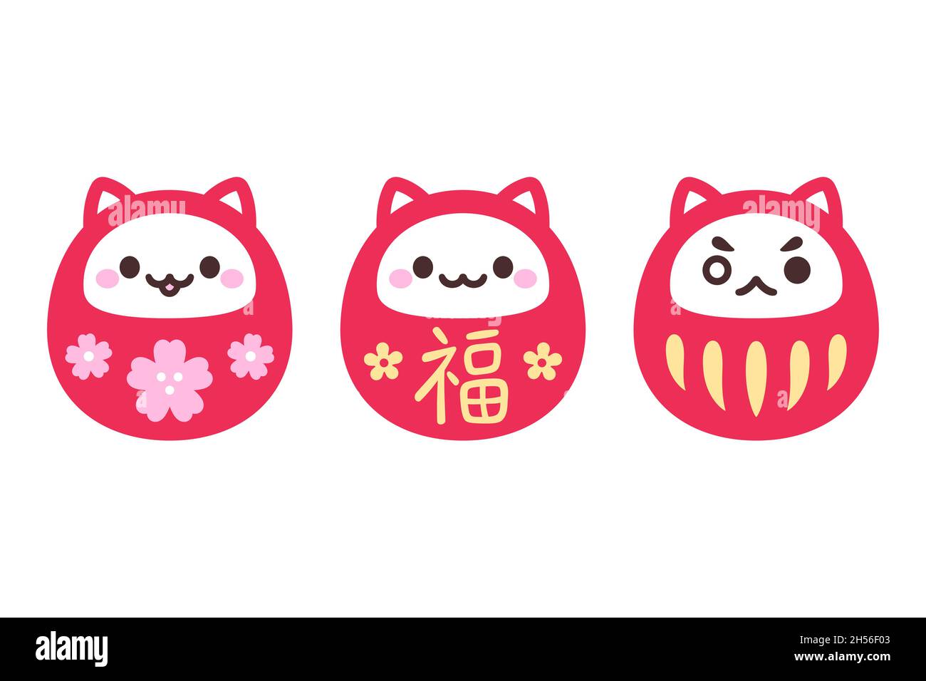 Set of cute cat Daruma dolls with different faces and designs. Traditional Japanese good luck symbol. Simple and kawaii vector illustration. Chinese c Stock Vector