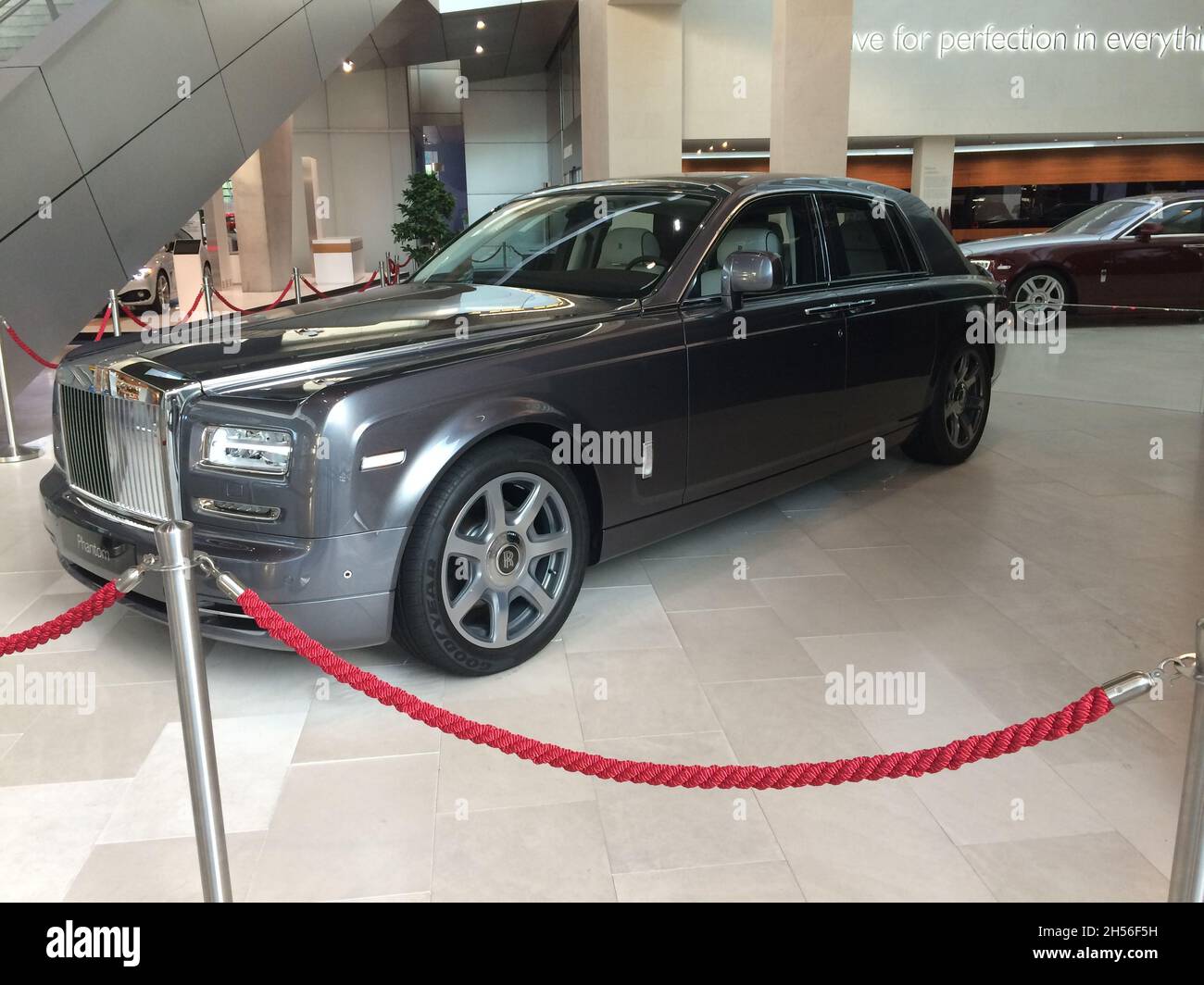 Rolls-Royce Phantom Side view, gray color. On display on Welt, Museum BMW.  Munich, Germany. Stock Photo