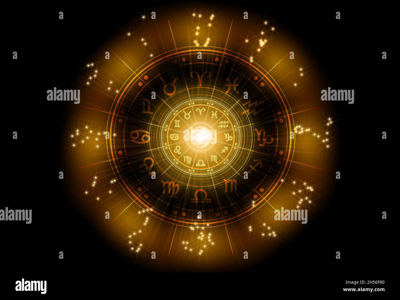 Zodiac signs inside of horoscope circle. Astrology in the sky with many stars and moons astrology and horoscopes concept. Stock Photo