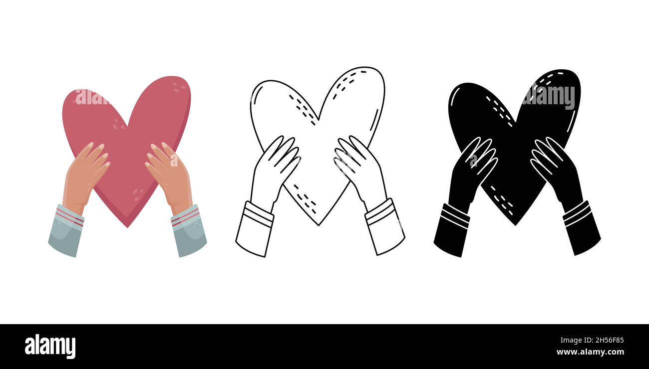 Vector Set With Sillustration Of A Man Holding A Heart In His Hands Hand Gestures Simple Style