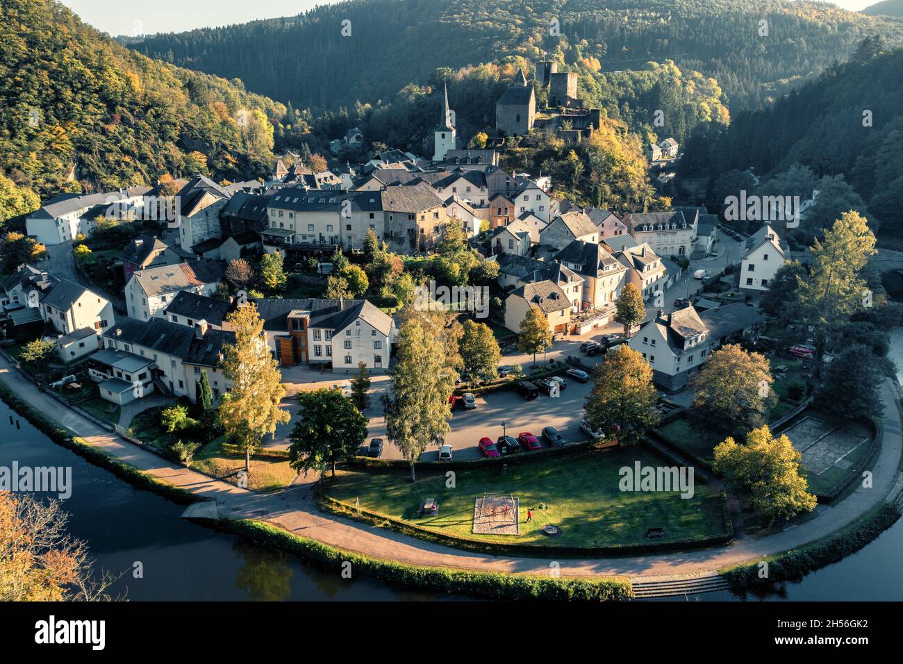 Scenic, elevated view of Esch-Sur-Sure town in Luxembourg, Europe Stock Photo