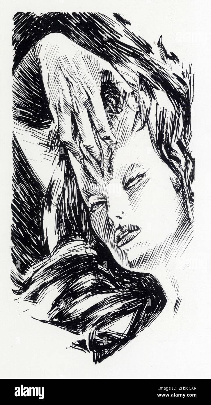 Michel Desimon.La caresse de Lilith.Dessin à l'encre de Chine.1965. Stock Photo