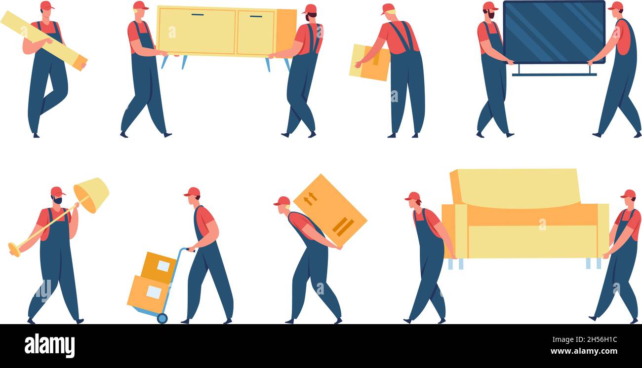 Delivery workers in uniform, loaders carrying boxes and furniture