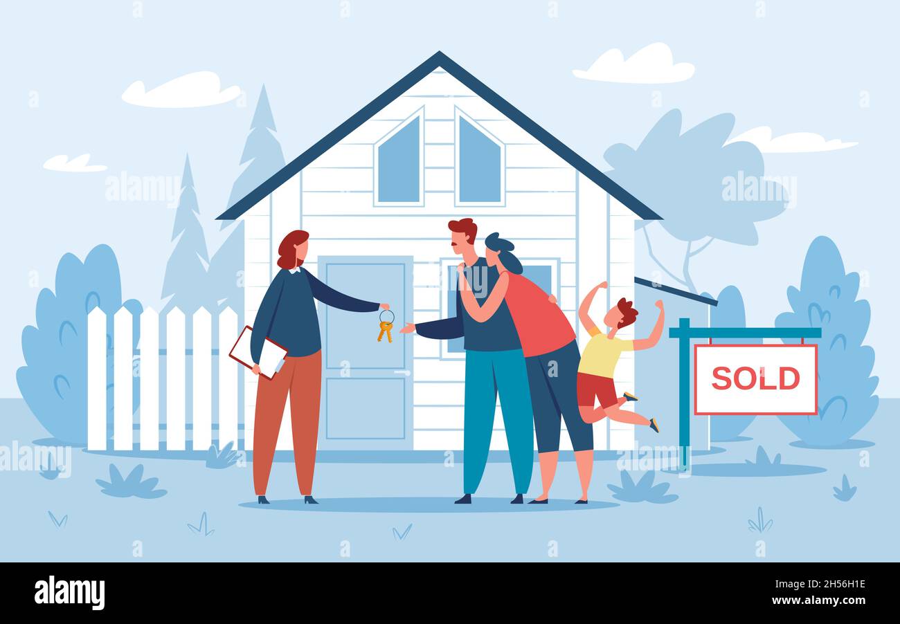 Family buying new house, real estate agent giving keys to buyers. Happy