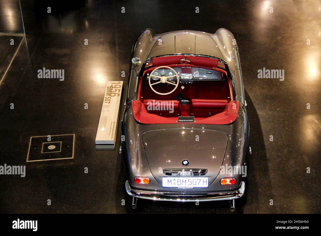 1956 BMW 507 , Rear view, gray color with red leather interior. It was produced from 1956-1960, a total of 252 units produced. BMW Museum. Stock Photo