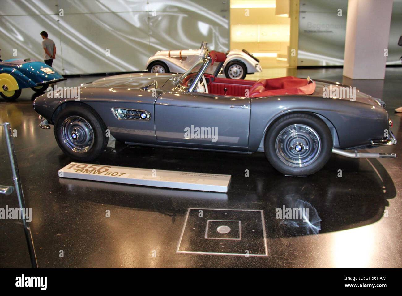1956 BMW 507 , Side view, gray color with red leather interior. It was produced from 1956-1960, a total of 252 units produced. BMW Museum. Stock Photo