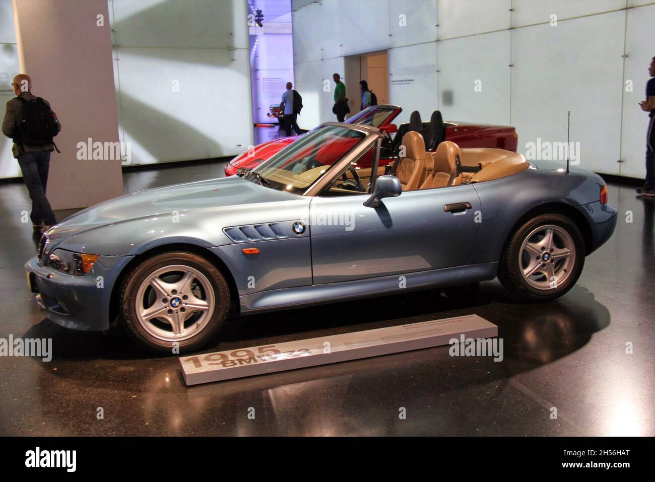 BMW Z3 : Aerial view, metallic blue color, year 1995, roadster, coupe, produced between 1995 - 2002. BMW Museum, Munich, Germany Stock Photo