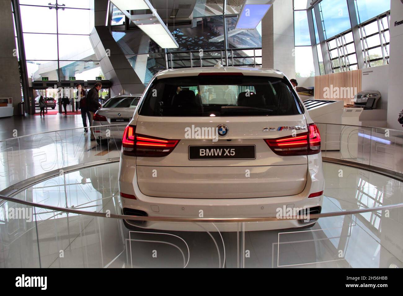 BMW X5, M50D version, white color. Launched at the 2013 Frankfurt International Motor Show. BMW Museum: Welt - Munich - Germany . Stock Photo