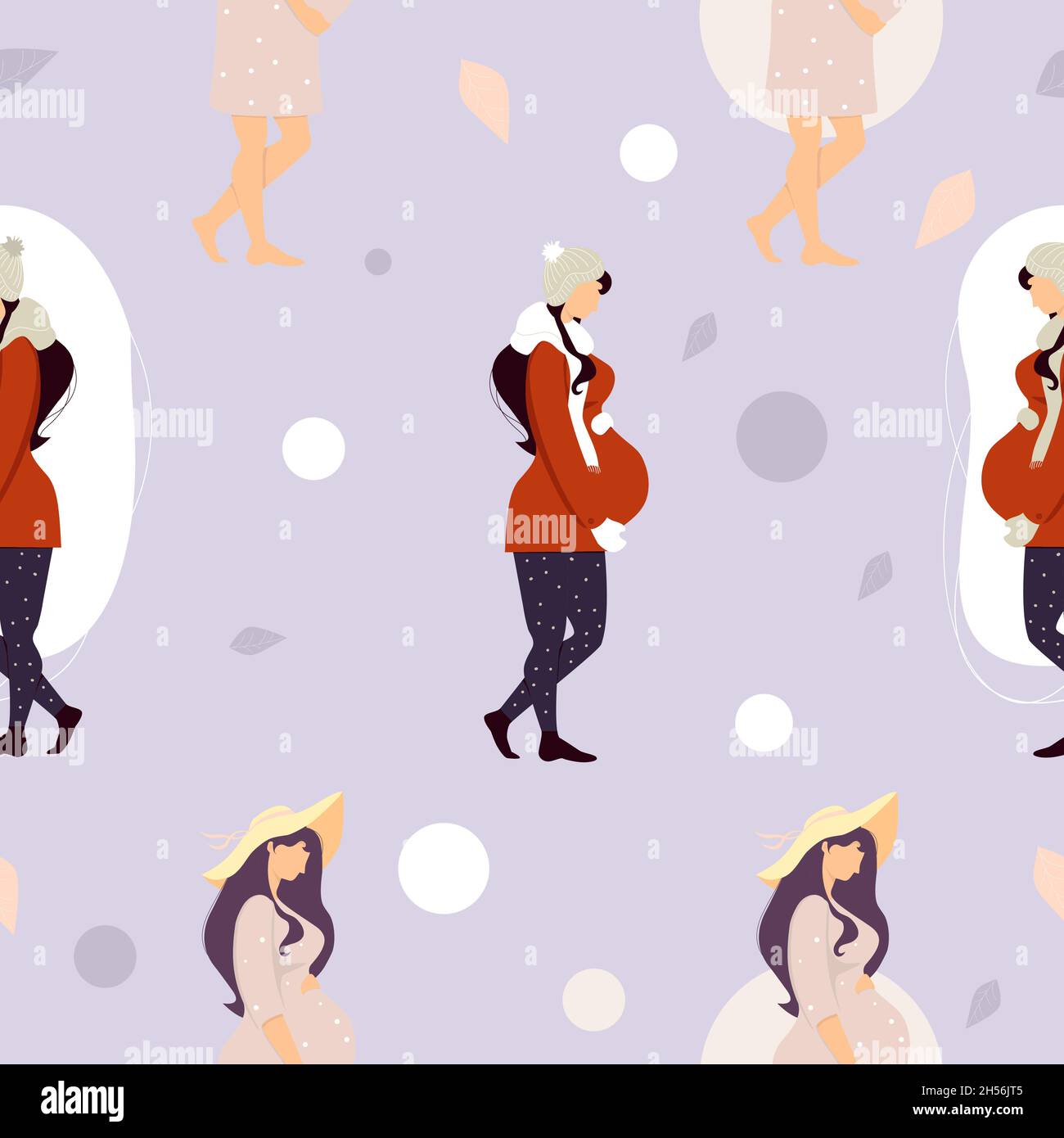 Seamless pattern with pregnant girls. Happy women in winter and summer clothes on light purple background. Vector illustration. Maternity and female h Stock Vector