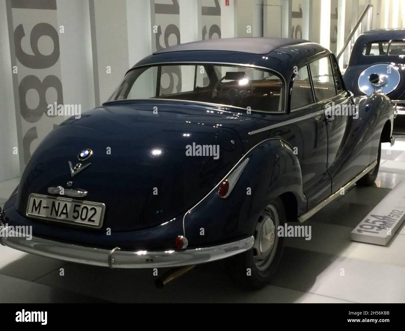 BMW 502: Rear view of the car, blue color, year 1954, 2 doors. It was produced between 1954-1958. BMW Museum: Welt - Munich - Germany. Stock Photo