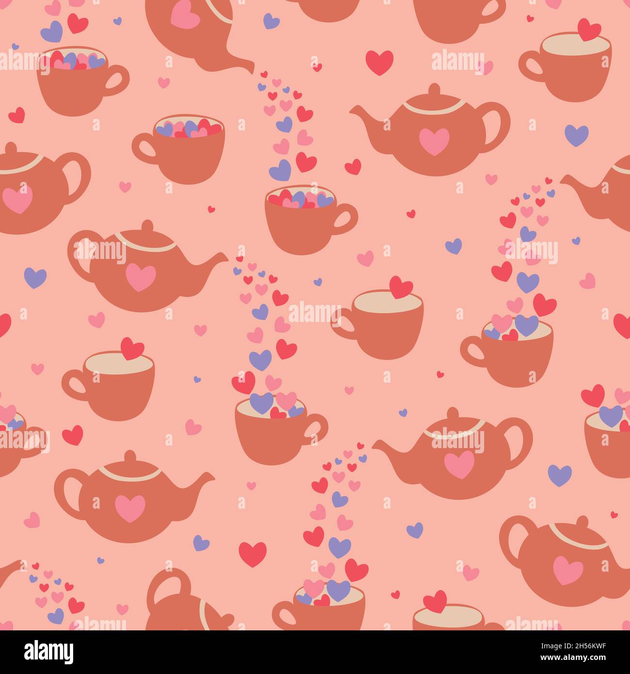 Vector seamless pattern with teapots, hearts and cups. Romantic design. Stock Vector