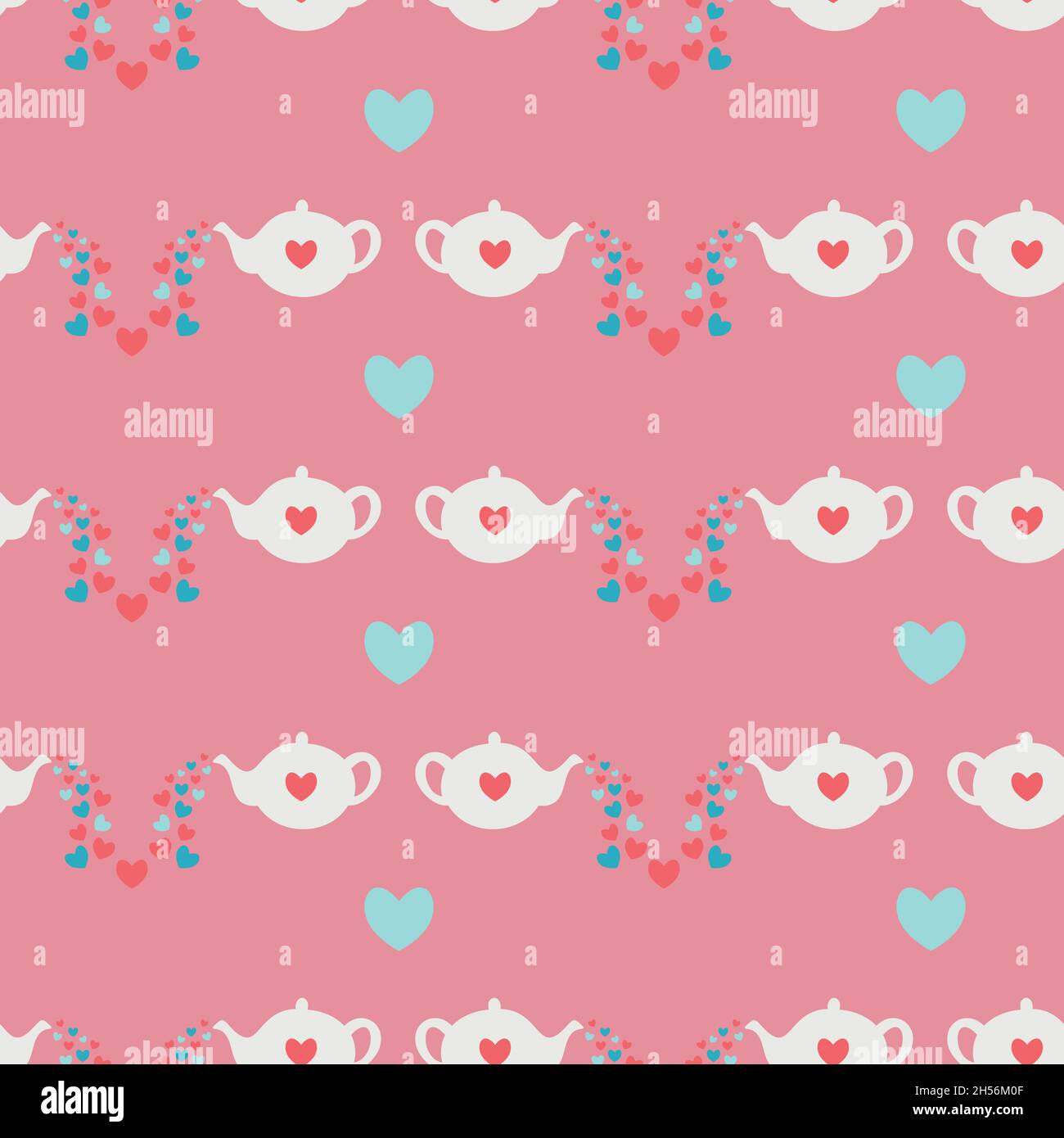 Vector seamless pattern with teapots and hearts. Romantic design. Stock Vector