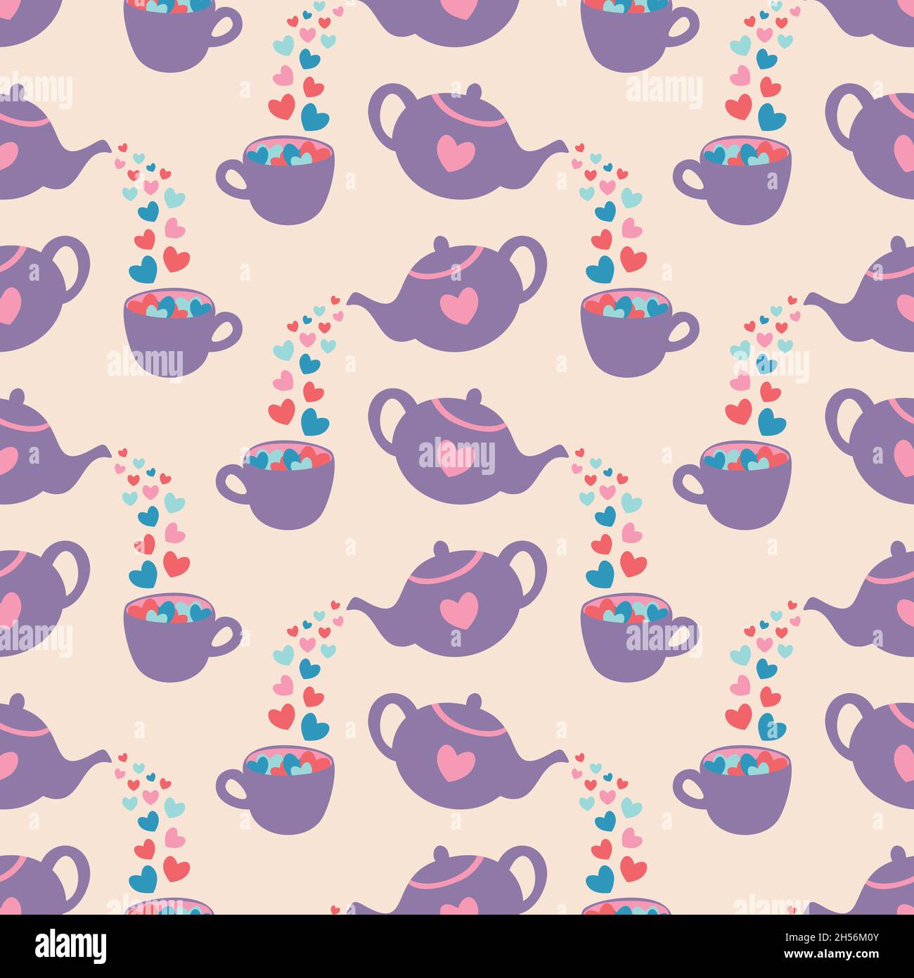 Vector seamless pattern with teapots, cups and hearts. Hand drawn design. Stock Vector