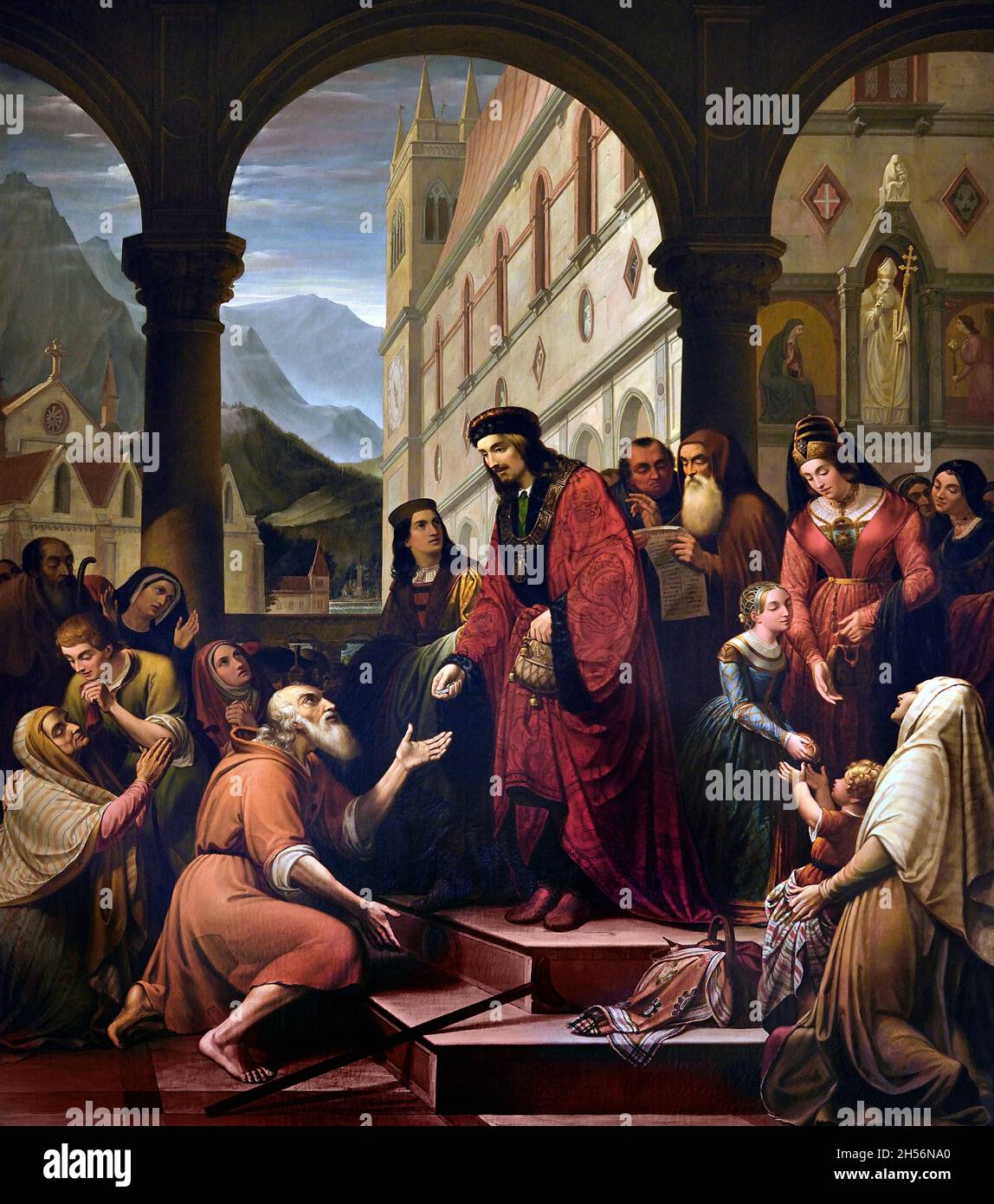 Beato Amedeo di Savoia gives alms to the poor 1842  by Pucci Camillo (second quarter 19th century) Torino Palazzo Reale - Turin Royal Palace, Italian, Italy, Amadeus IX , 1435 –  1472 ,nicknamed the Happy, was the Duke of Savoy from 1465 to 1472 Stock Photo
