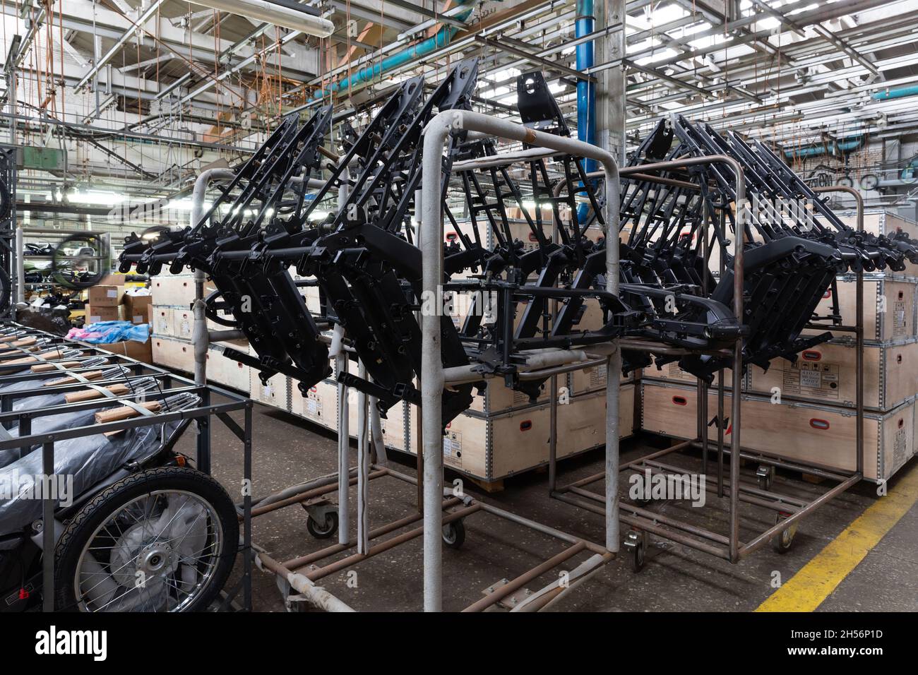 motorcycle frames before installation in a motorcycle factory Stock ...