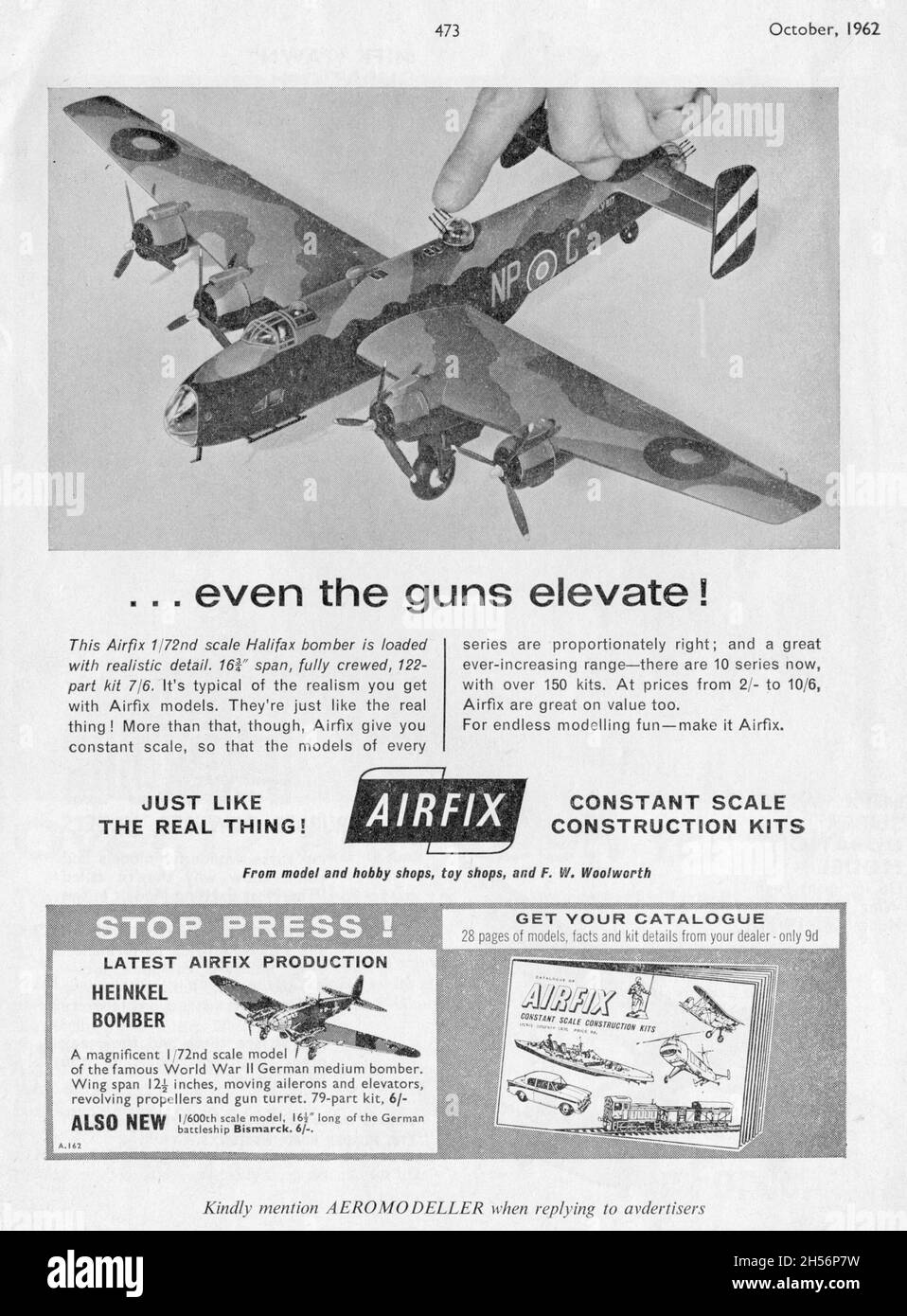 Airfix plastic model kits, full page advert. Halifax Bomber model shown