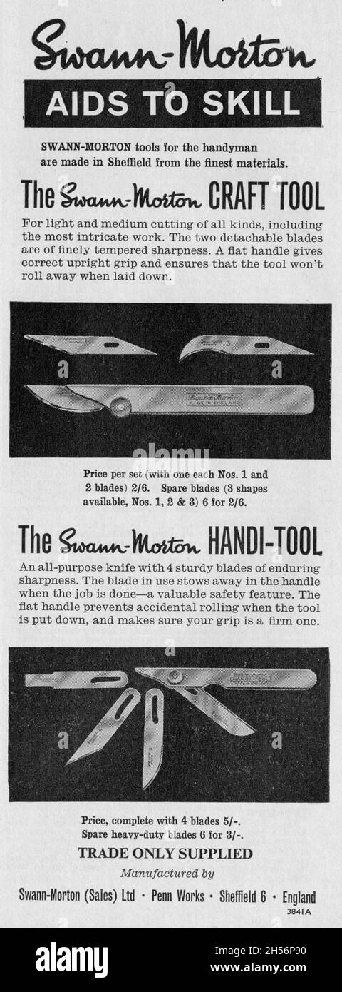Swann - Morton craft knife. 1950s design, half page advert for handle and various blades. Advert dated 1961. Made in Sheffield, Penn Works. Stock Photo
