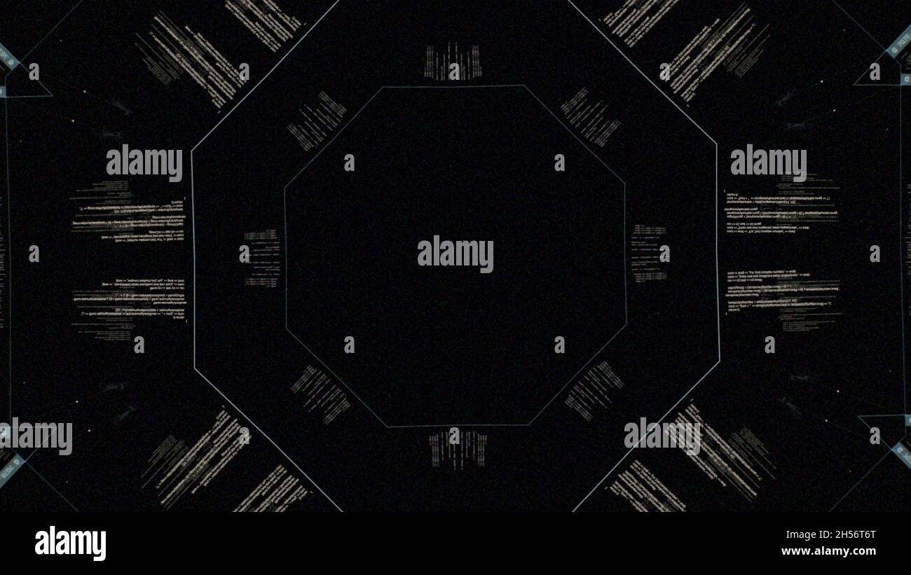 Kaleidoscope pattern of data and computer programming information on black background. Abstract informational funnel with computer running code, seaml Stock Photo
