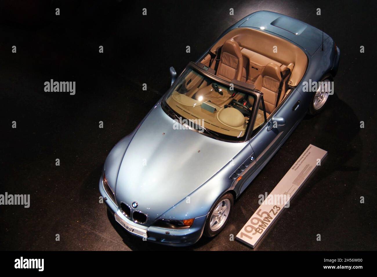 BMW Z3 : Aerial view, metallic blue color, year 1995, roadster, coupe, produced between 1995 - 2002. BMW Museum, Munich, Germany Stock Photo
