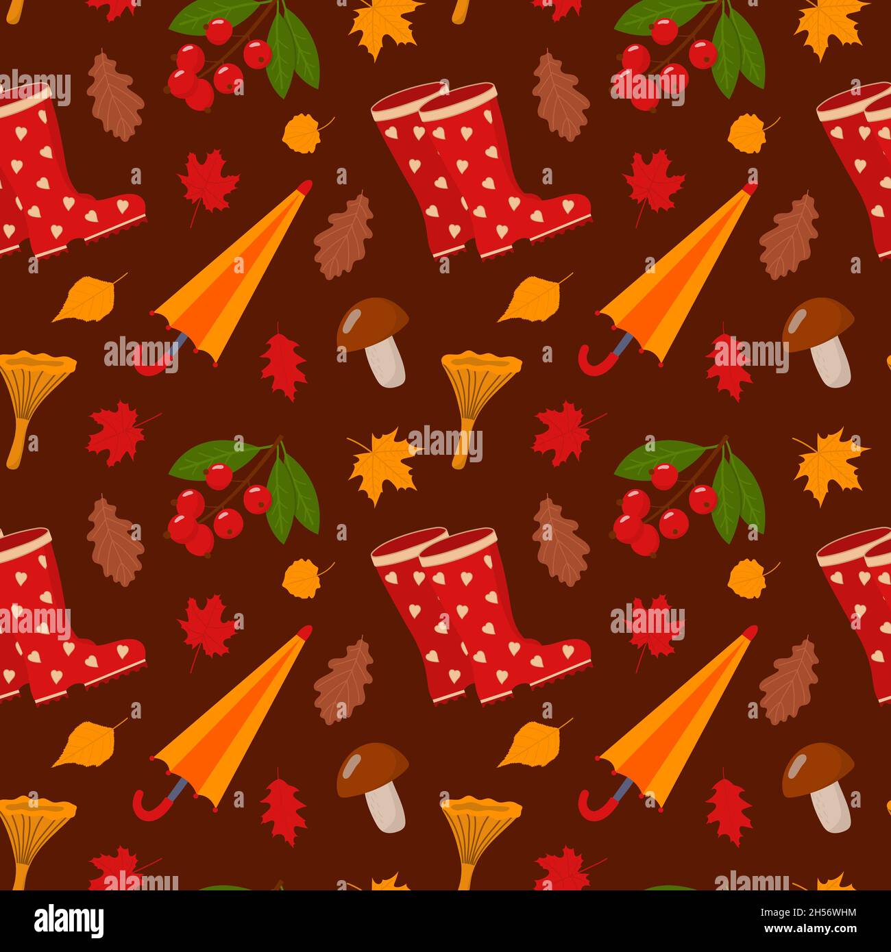 Pattern with rain boots, umbrella and mushrooms Stock Vector