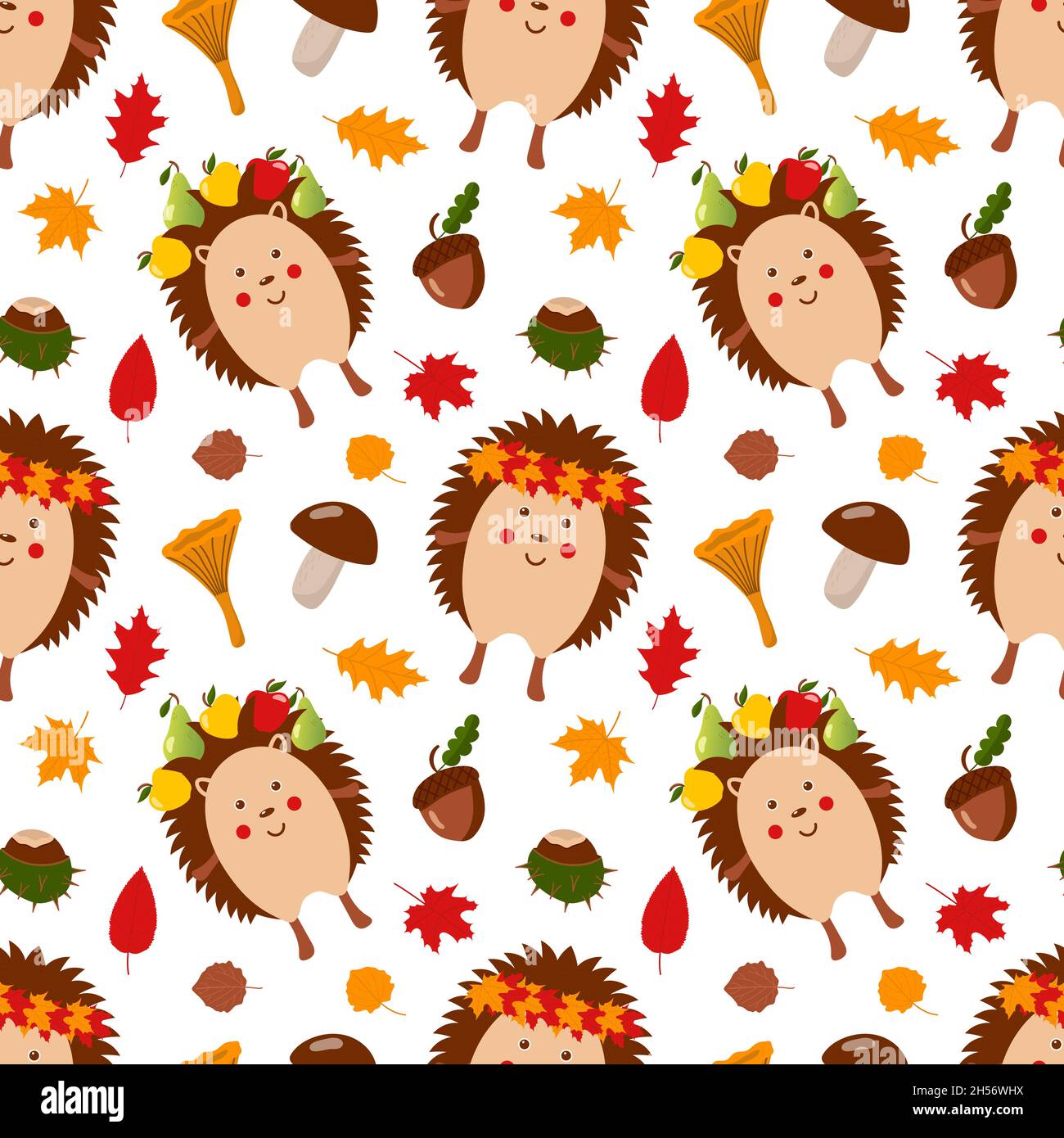 Autumn pattern with cute hedgehogs Stock Vector