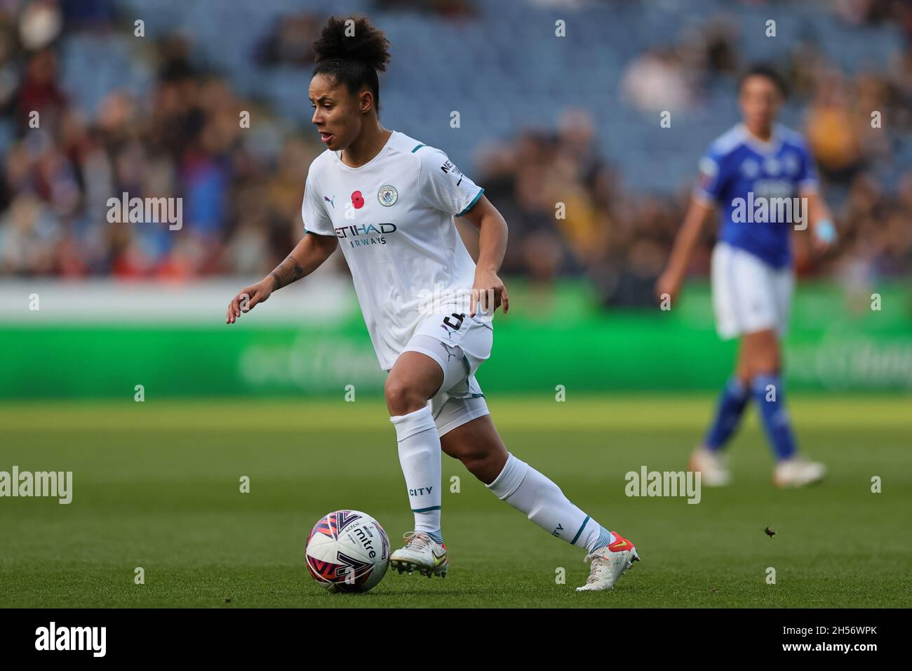 LEICESTER, GBR. 7TH NOV 2021. Demi Stokes of Manchester City during the Barclays FA Women's Super League match between Leicester City and Manchester City at the King Power Stadium, Leicester on Sunday 7th November 2021. (Credit: James Holyoak | MI News) Credit: MI News & Sport /Alamy Live News Stock Photo
