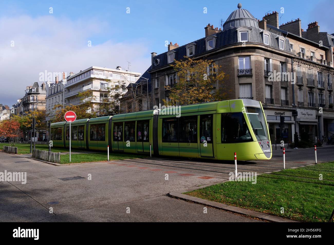 Lime green coloured Tram, Reims,Champagne, France,Europe Stock Photo