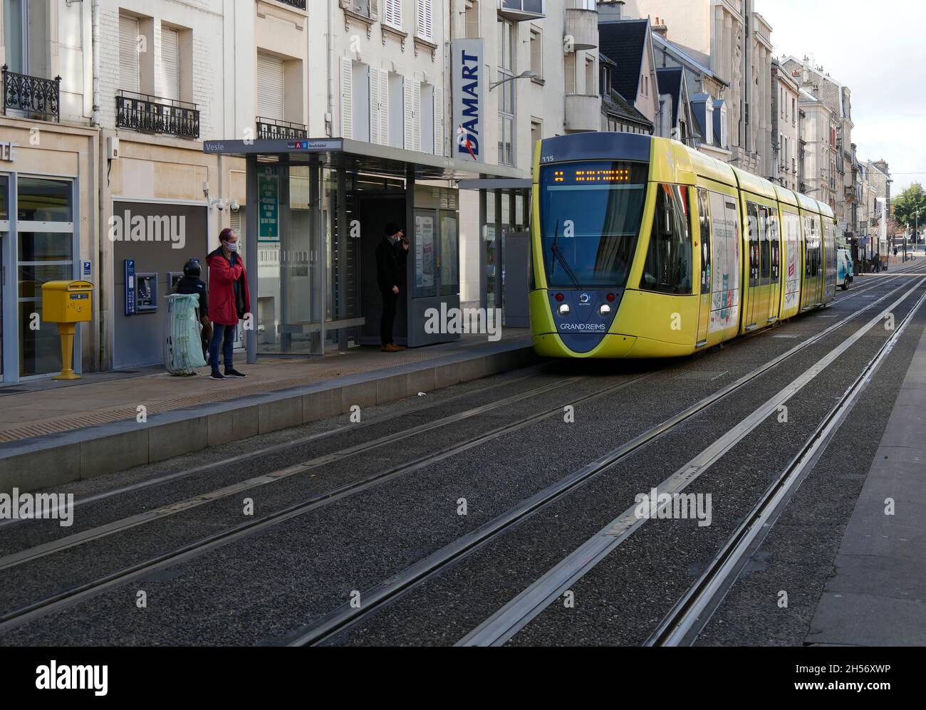 yellow Tram car at tram station, Reims,France,Europe Stock Photo