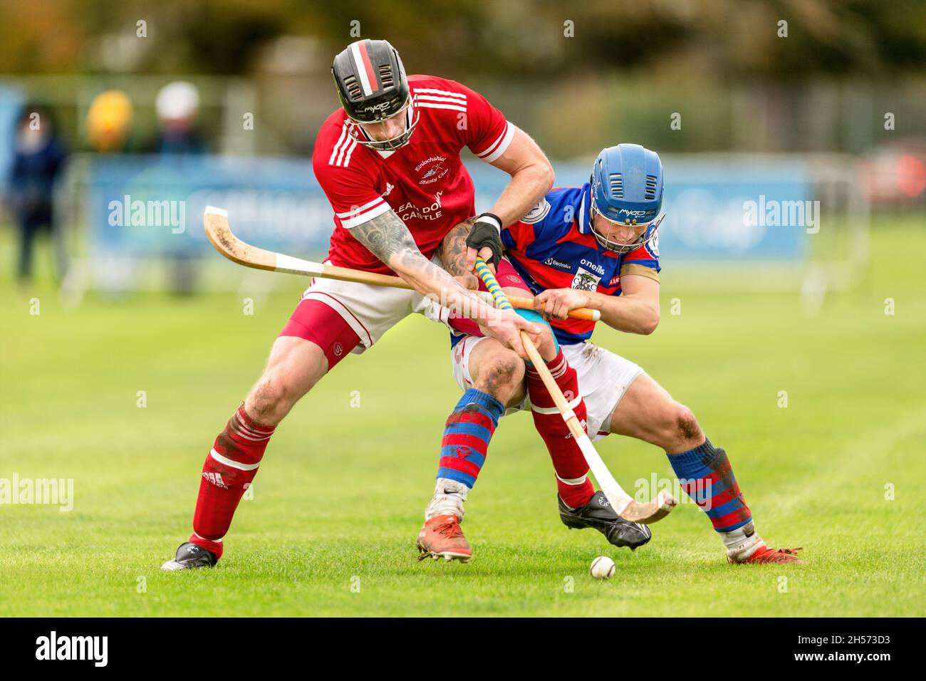 Shinty action shot.  Kingussie v Kinlochshiel in the MacTavish Cup Final played at The Bught, Inverness. Stock Photo