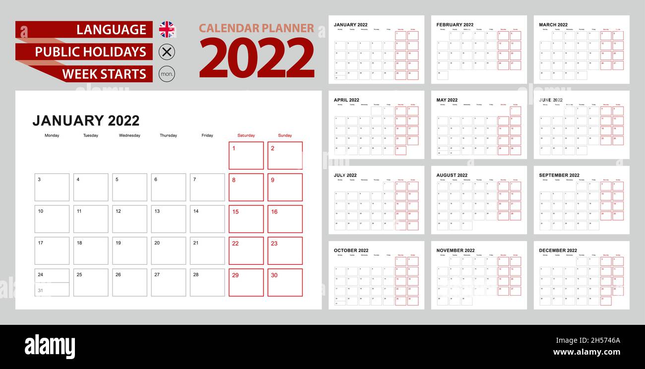 Wall calendar planner 2022 in English, week starts in Monday. Vector planner Stock Vector Image