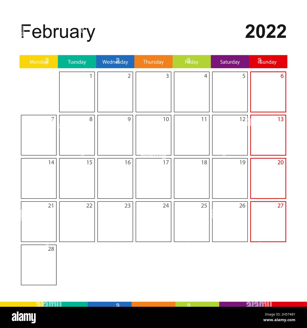 February 2022 Calendar Template February 2022 Colorful Wall Calendar, Week Starts On Monday. 2022 Calendar  Template Stock Vector Image & Art - Alamy