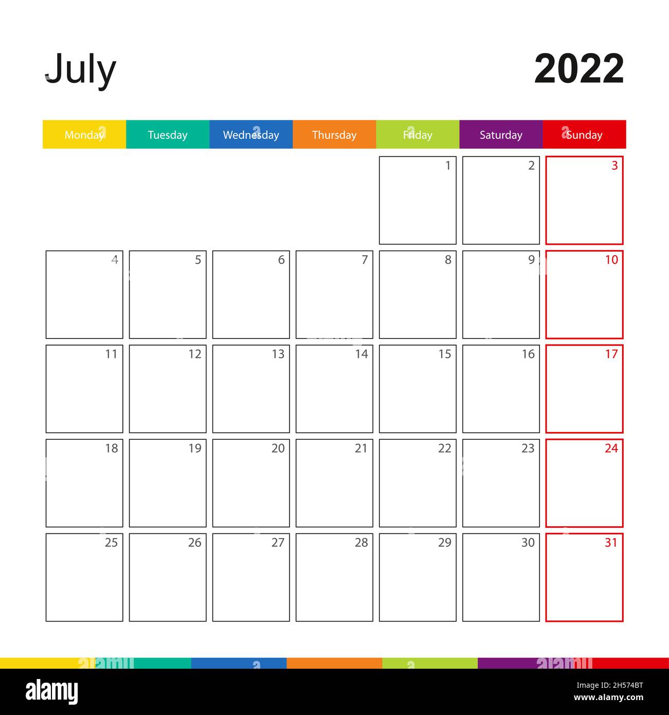July 2022 Colorful Wall Calendar, Week Starts On Monday. 2022 Calendar Template Stock Vector Image & Art - Alamy