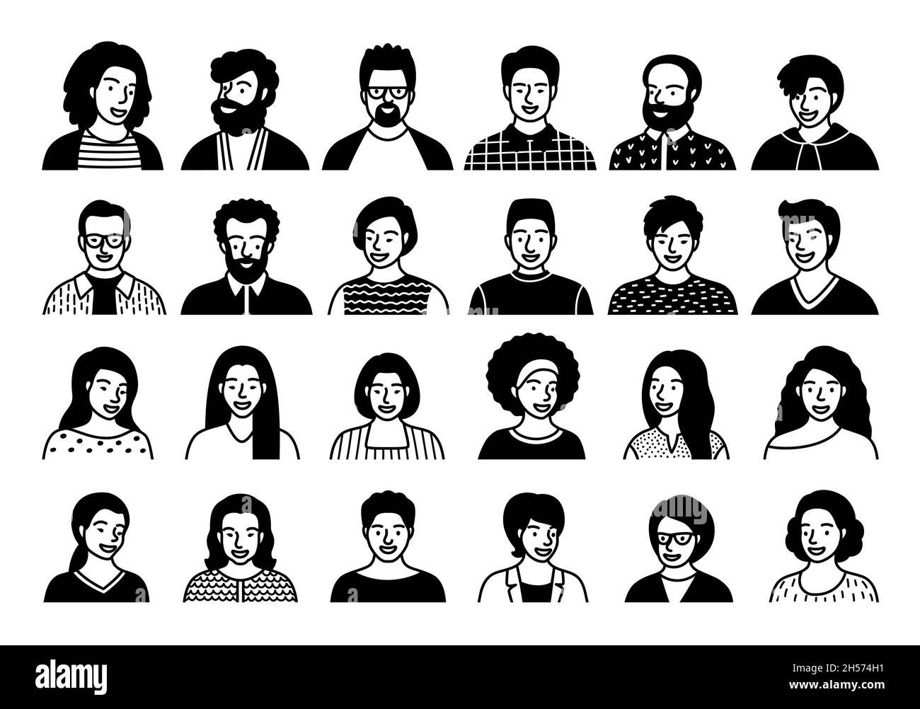 Silhouette set of persons, avatars, people heads of different ethnicity and age in flat style. Multi nationality social networks line people faces Stock Vector