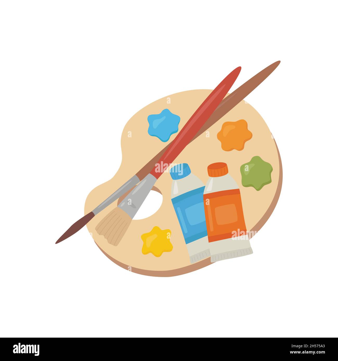 Wooden palette with paints and brushes. Vector illustration. Stock Vector