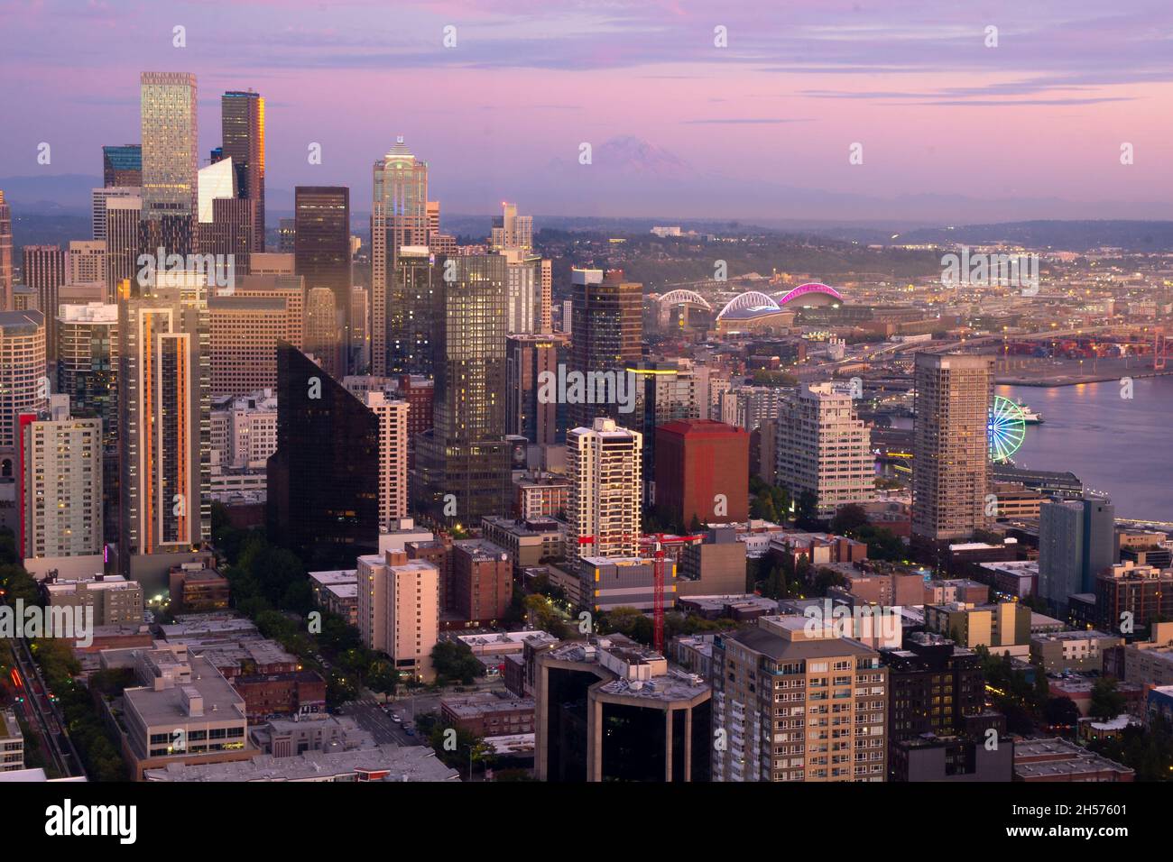 Seattle, WA - USA - Sept. 23, 2021: Horizontal view of Seattle, Washington's downtown skyline during sunset. Stock Photo