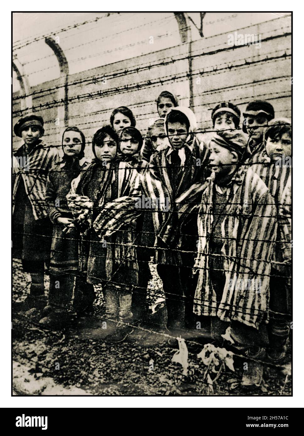 AUSCHWITZ CHILDREN AUSCHWITZ 1945 CHILDREN PRISONERS LIBERATION Child prisoners wearing striped uniforms stare out to their liberators from behind a barbed wire fence in notorious WW2 Nazi death-camp Auschwitz Southern Poland. World War II Second World War standing quietly emotionless behind barbed wire fence at Nazi Germany WW2 concentration camp Auschwitz Birkenau Poland. 1945 Russian liberation Stock Photo