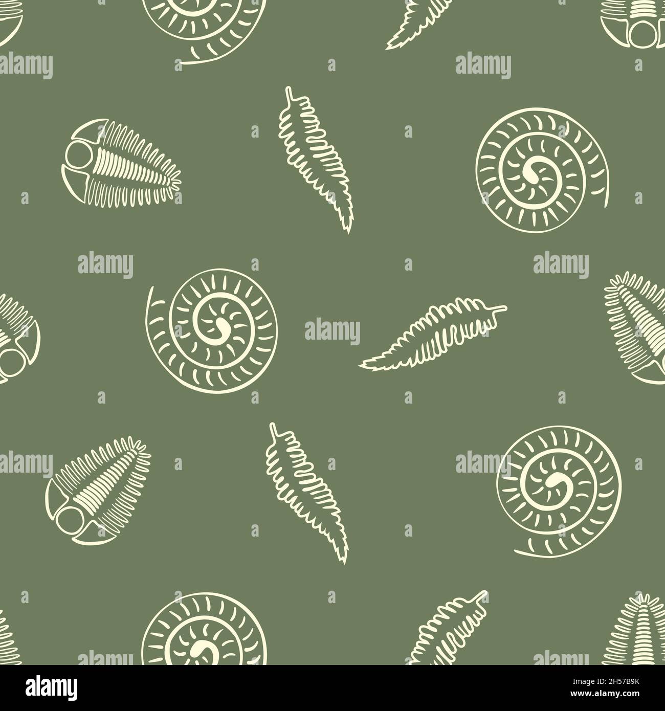 Ammonite trilobite fern vector seamless pattern background. Hand drawn ...