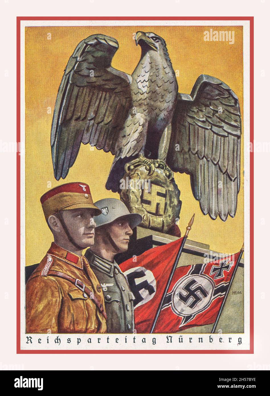 REICHSPARTEITAG NÜRNBERG 1939, German Eagle and swastika symbol with German Wehrmacht soldier alongside a brown shirt SA 'Sturmabteilung'  storm trooper para military Stock Photo