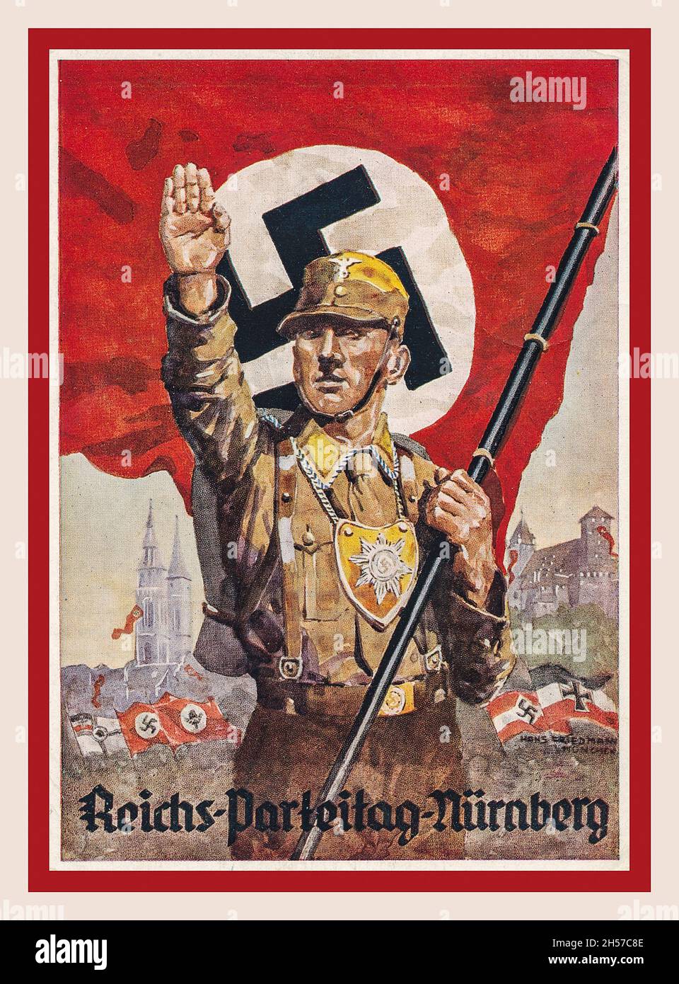 Sturmabteilung 1933, 'Reich Party Congress Nuremberg', Nazi propaganda card with 'Brown Shirt' figure SA man giving Heil Hitler salute carrying a large Nazi swastika flag in front of Nuremberg City Germany The Sturmabteilung  'Storm Detachment' was the Nazi Party's original paramilitary wing. It played a significant role in Adolf Hitler's rise to power in the 1920s and 1930s. Stock Photo