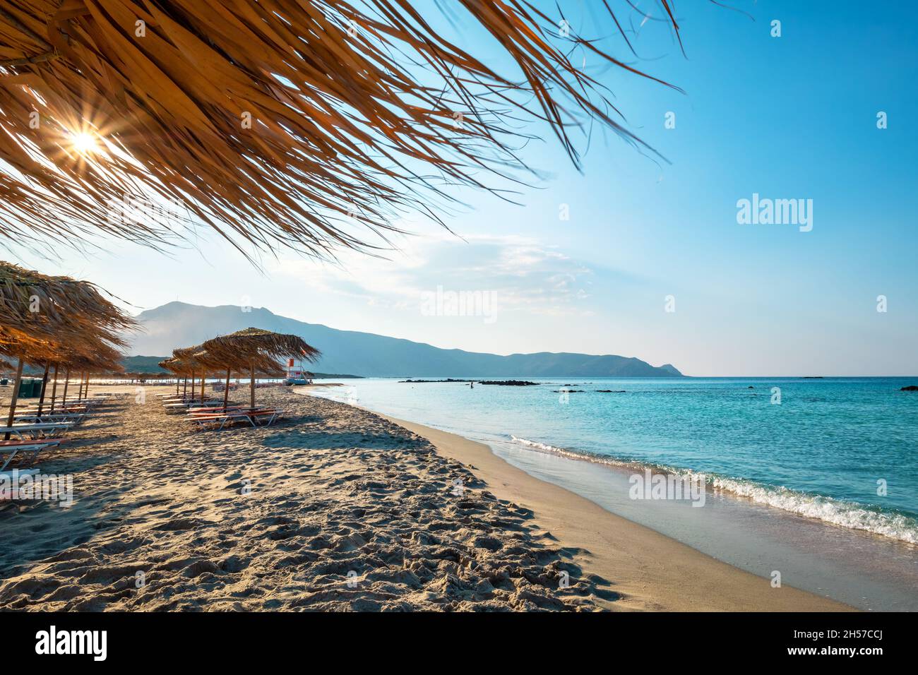 Early morning at sunny Elafonissi beach. Crete, Greece Stock Photo