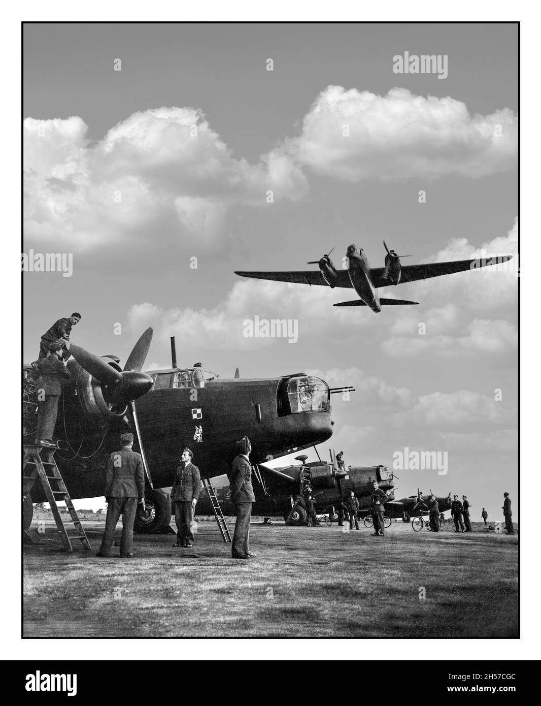 WW2 Wellington Bombers with ground crews working and preparing a turnaround on their Vickers Wellington bombers Mk Xs as a Wellington Bomber takes off and flies overhead at RAF Hemswell in Lincolnshire, UK 1943 World War II Britain UK Stock Photo