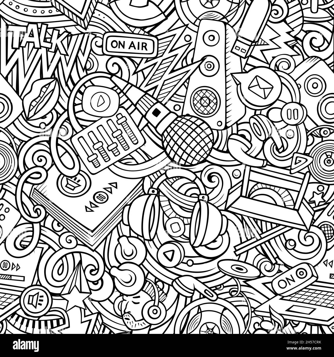 Cartoon doodles Audio content seamless pattern. Backdrop with podcasts ...