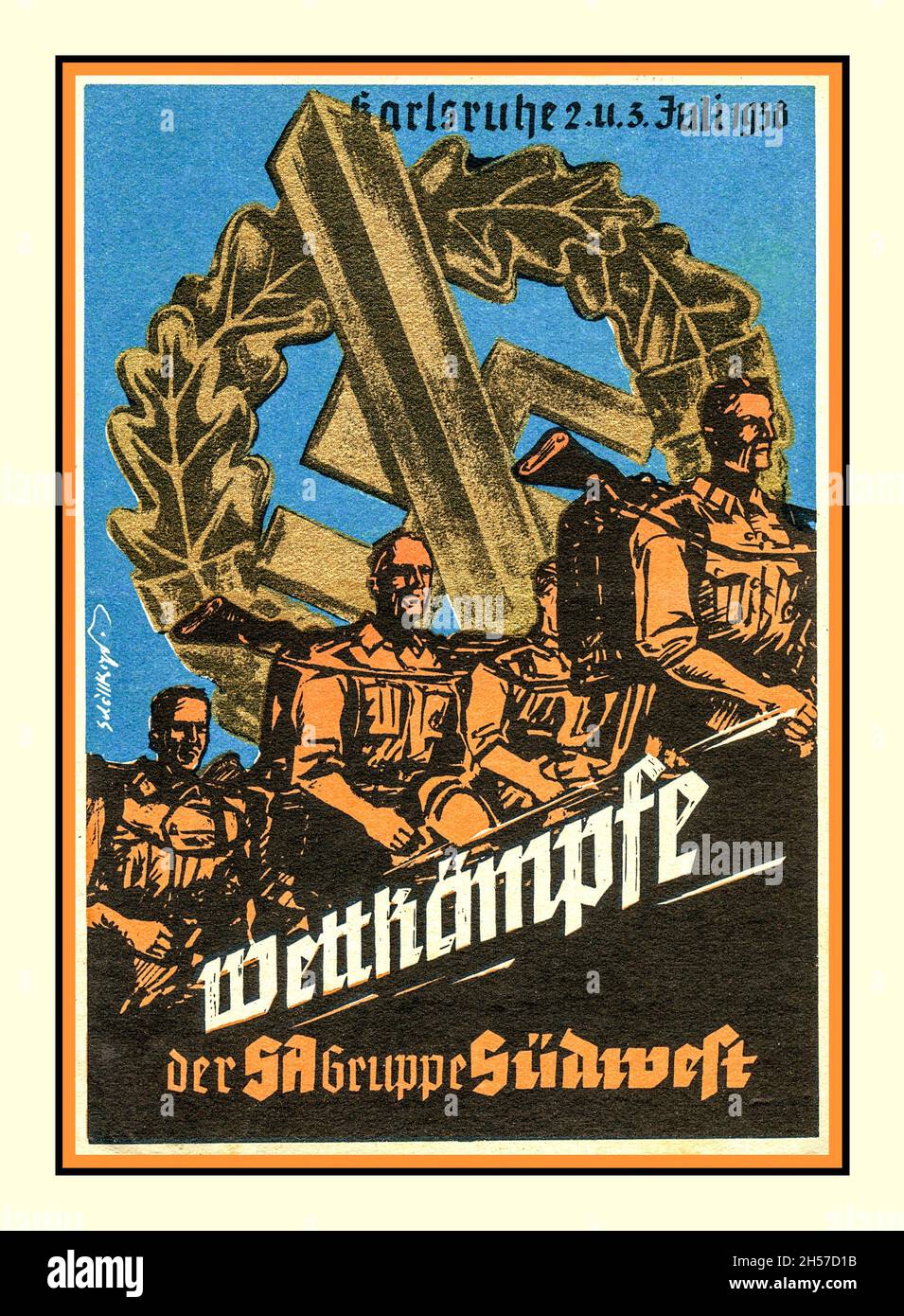 Sturmabteilung SA Nazi Propaganda Poster Card 'Parade meeting of the SA group Southwest Karlsruhe 2nd and 3rd July 1938', propaganda poster card with illustration of SA fighters marching and their Nazi badge in background Nazi GermanyThe Sturmabteilung SA; literally 'Storm Detachment') was the Nazi Party's original paramilitary wing. It played a significant role in Adolf Hitler's rise to power in the 1920s and 1930s. Its primary purposes were providing protection for Nazi rallies and assemblies Stock Photo
