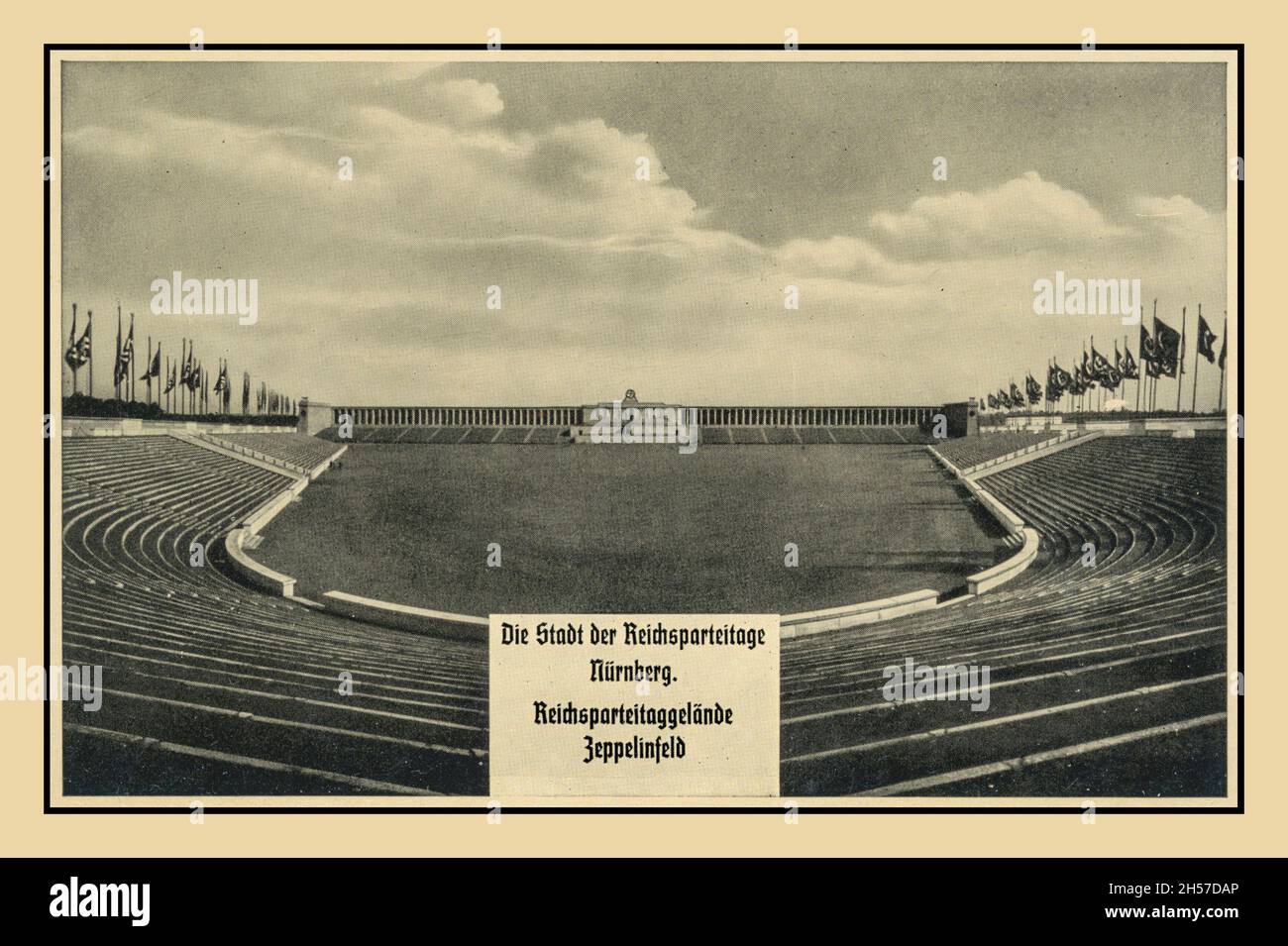 1930s The Nazi Stadium 'Zeppelin Field' at Nuremburg flying Nazi Swastika flags showing the vast arena seating and field where the infamous Adolf Hitler Nazi political rallies were held Nuremberg Nazi Germany Stock Photo