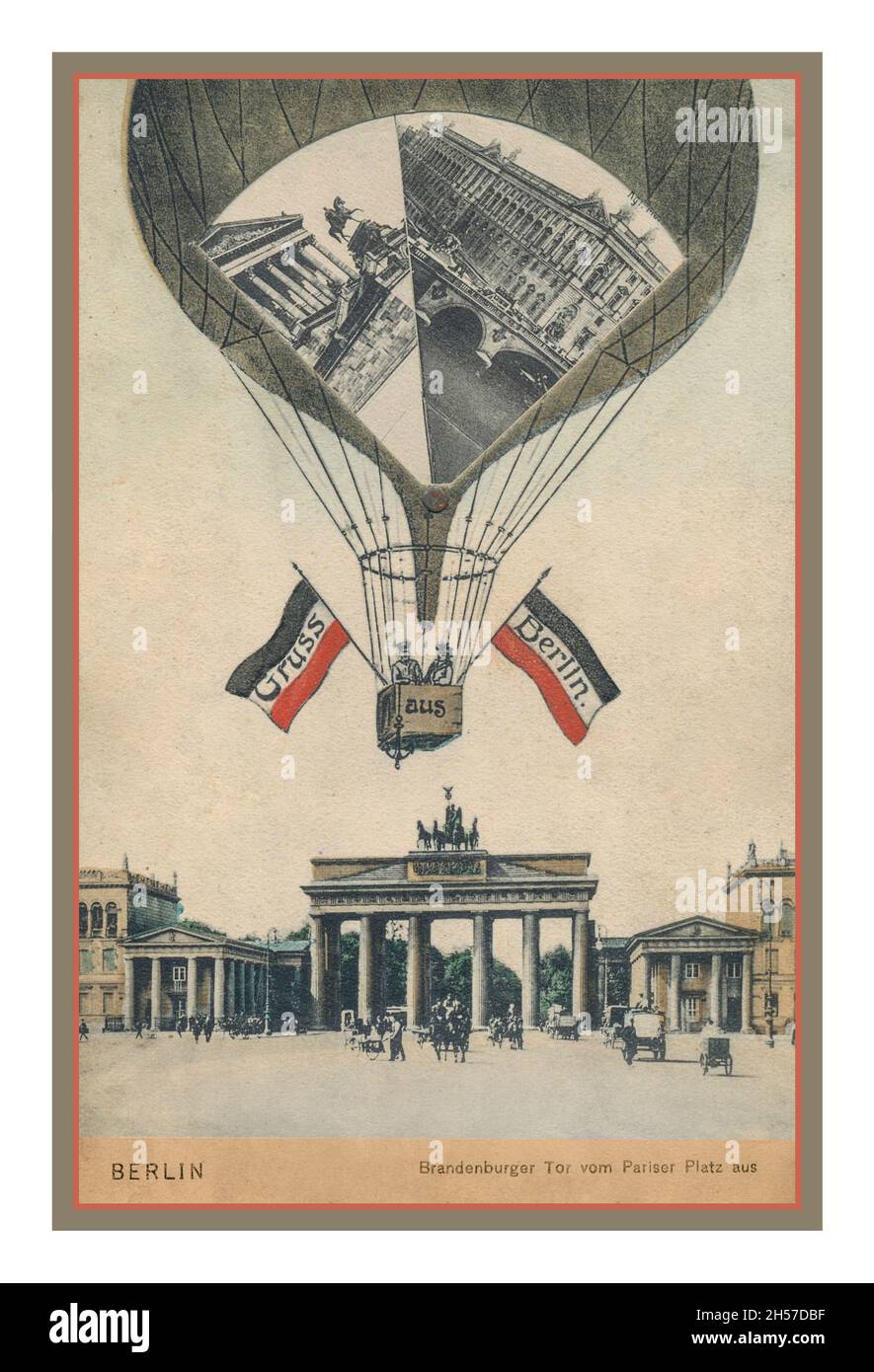 BRANDENBURG GATE Vintage Archive 1800s 'GRUSS aus BERLIN'  'Greeting from Berlin' travel poster card featuring the latest in travel with a hot air balloon over The Brandenburg Gate in Pariser Platz Berlin Germany Stock Photo