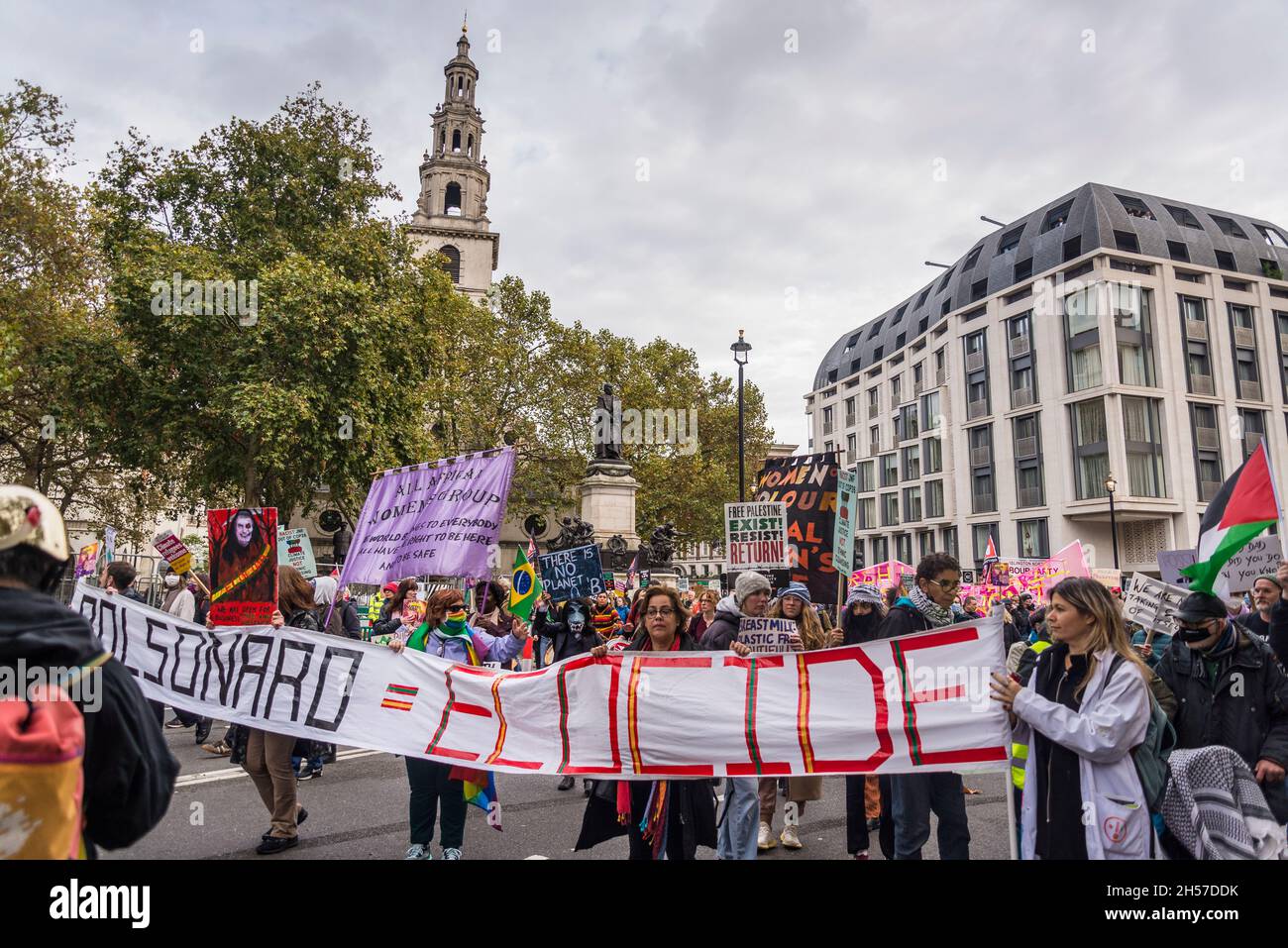 Bolsonaro = ecocide, Global Day of Action for Climate Justice demonstration, London, UK. 6th November 2021 Stock Photo