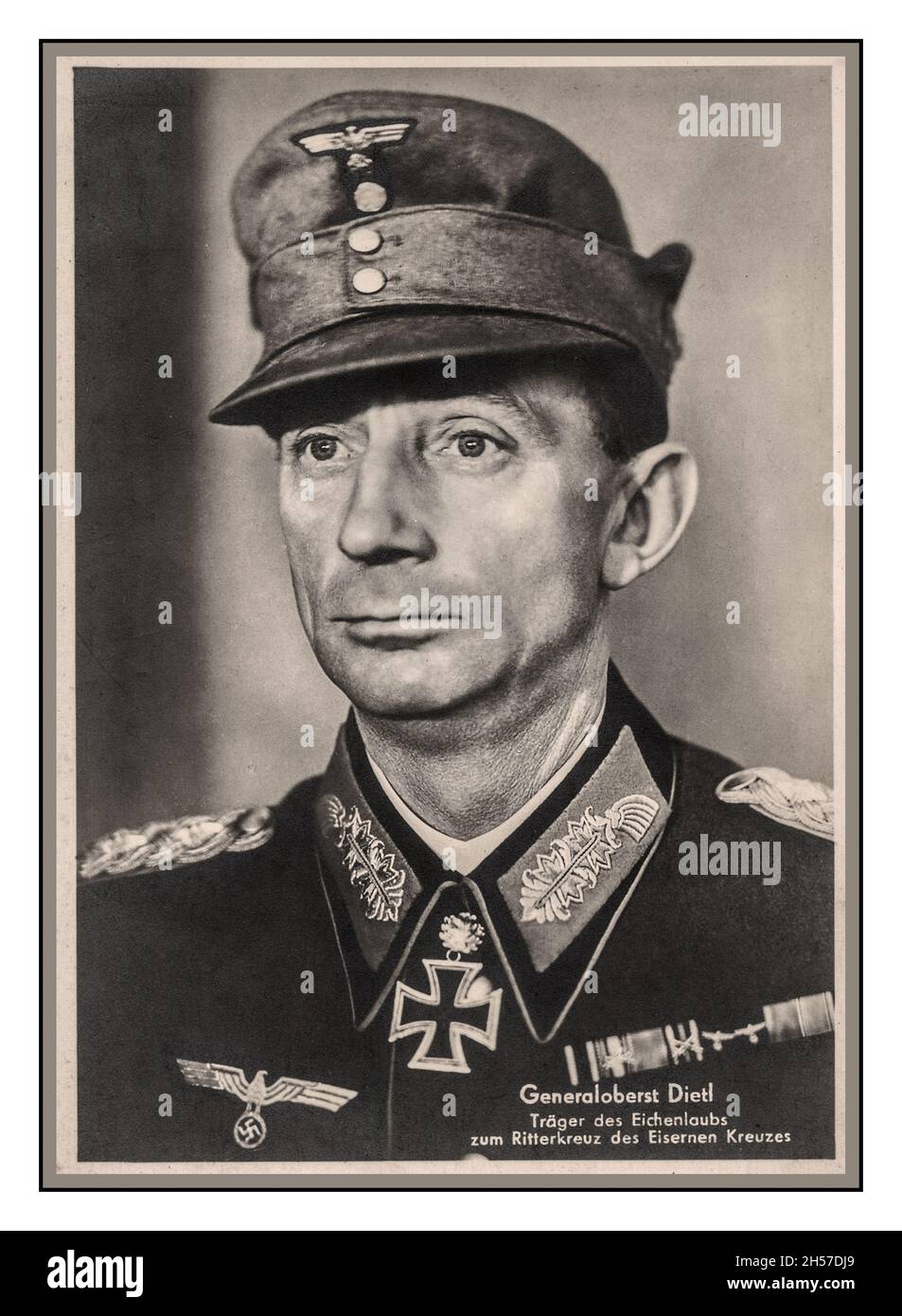 Generaloberst Dietl Official Nazi Portrait, commanded the German 3rd Mountain Division that participated in the German invasion of Norway on 9 and 10 April 1940. Most of this division was landed at Narvik by a German naval force of ten destroyers, commanded by Commodore Friedrich Bonte, subsequently all ten destroyers that had ferried Dietl's troops to Narvik were sunk in the First and Second Battles of Narvik. Dietl's mountaineers withdrew into the hills and later retook the town when Britain abandoned her efforts to evict the Germans from Norway due to German success on the Western Front Stock Photo