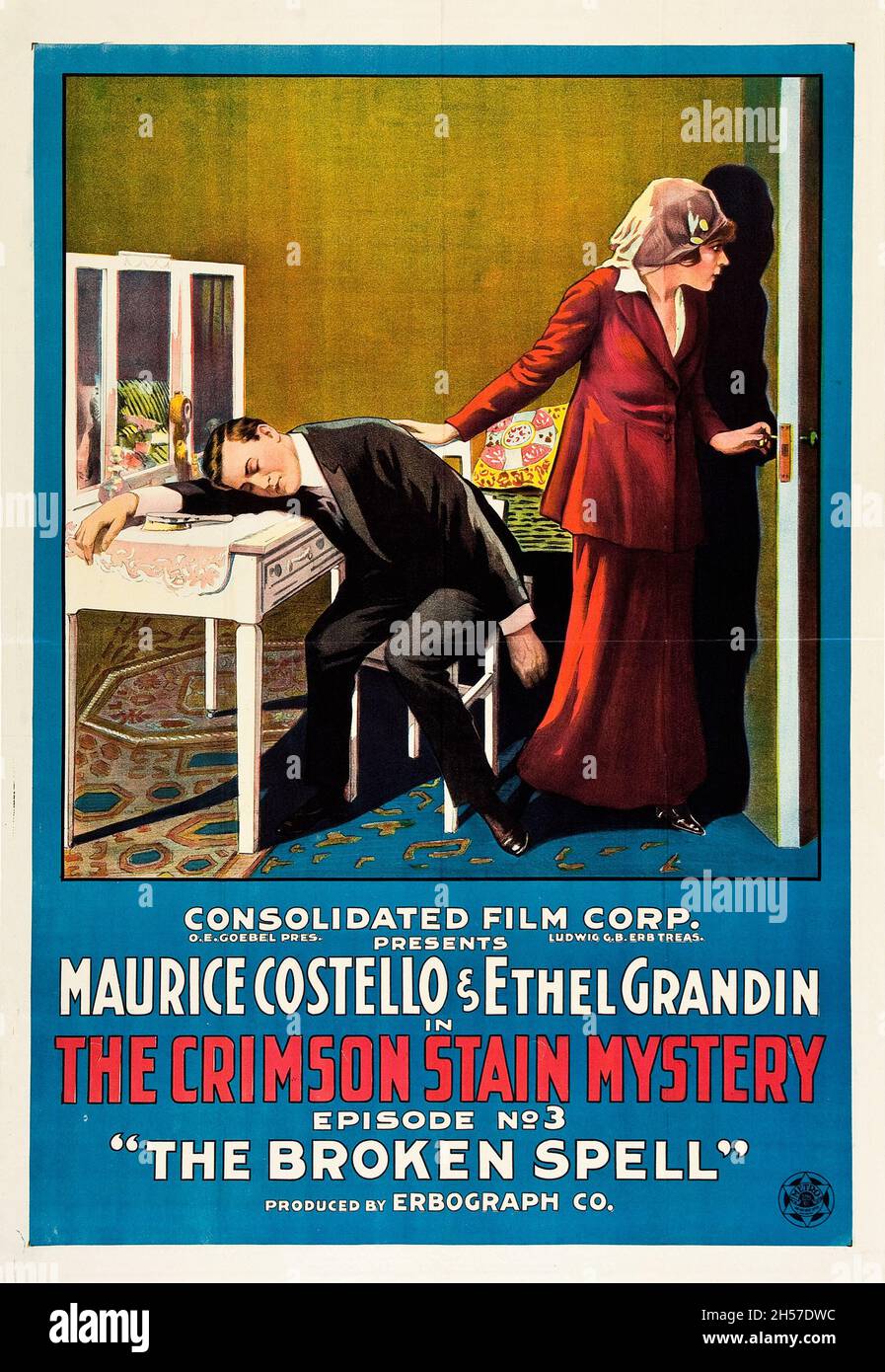 The Crimson Stain Mystery (Consolidated, 1916) - Old and vintage movie poster feat Maurice Costello & Ethel Grandin. Ep 3. The Broken Spell. Stock Photo