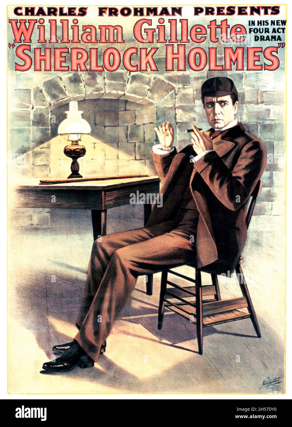 Vintage movie poster for the 1916 film Sherlock Holmes - Old and vintage movie poster feat William Gillette. Presented by Charles Frohman. Stock Photo